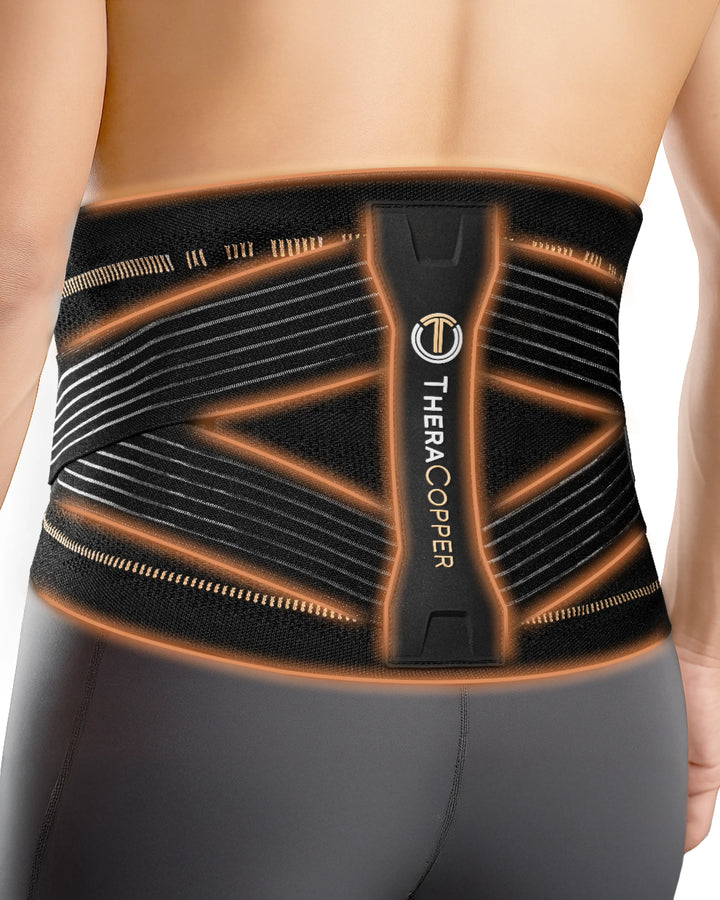 Black lower back compression brace with copper-accented stripes and central support panel