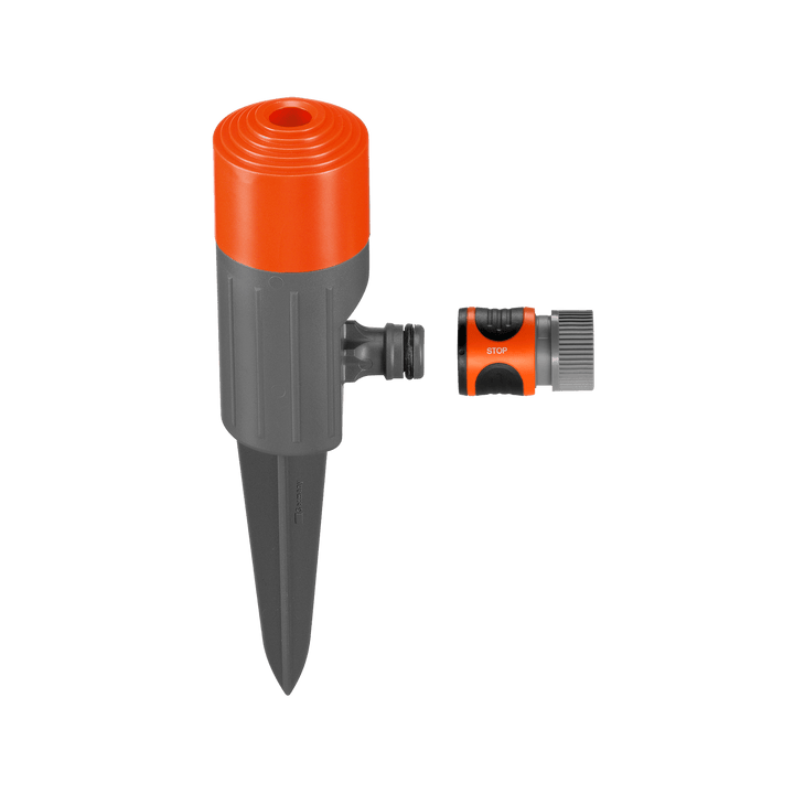 Spike spray sprinkler with orange top and black nozzle, includes attachment pieces