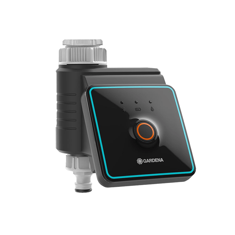GARDENA Bluetooth water control device with screen and orange dial, wall-mounted