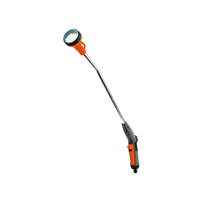 Orange trigger spray wand with gray hose connection and black handle end.