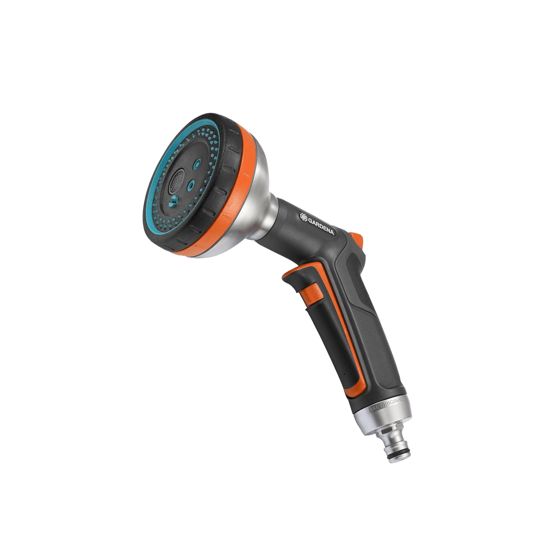 Five-pattern garden hose sprayer with black handle and orange-ring nozzle head