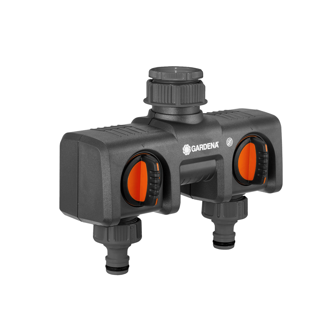 Two-way faucet adapter with twin outlets, dark body and orange control knobs