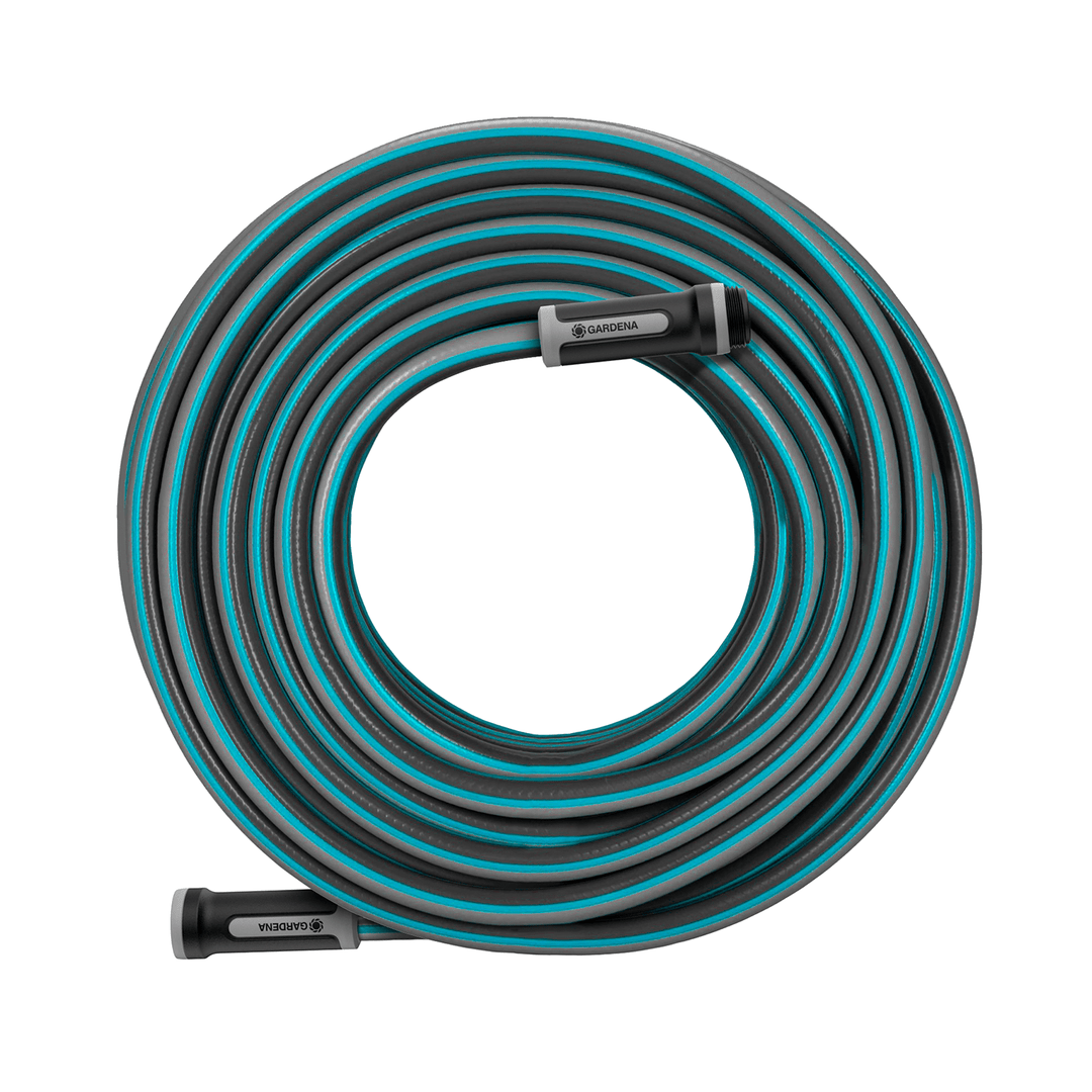 Coiled garden hose with blue stripes and dark nozzle grip
