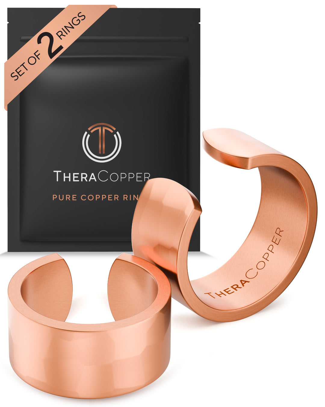 Set of two 10mm hammered pure copper rings, wide rounded open-cuff bands