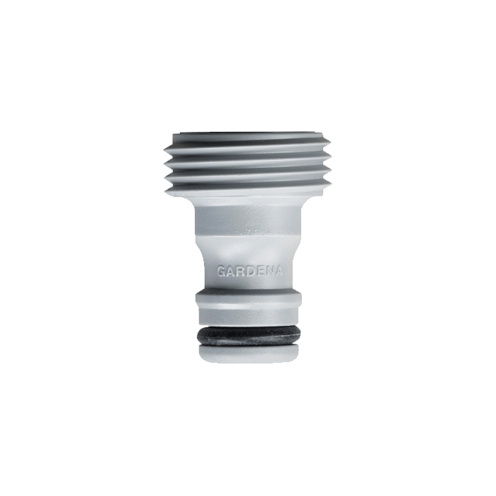 Metal garden hose accessory adapter with ridged threads, GARDENA branding
