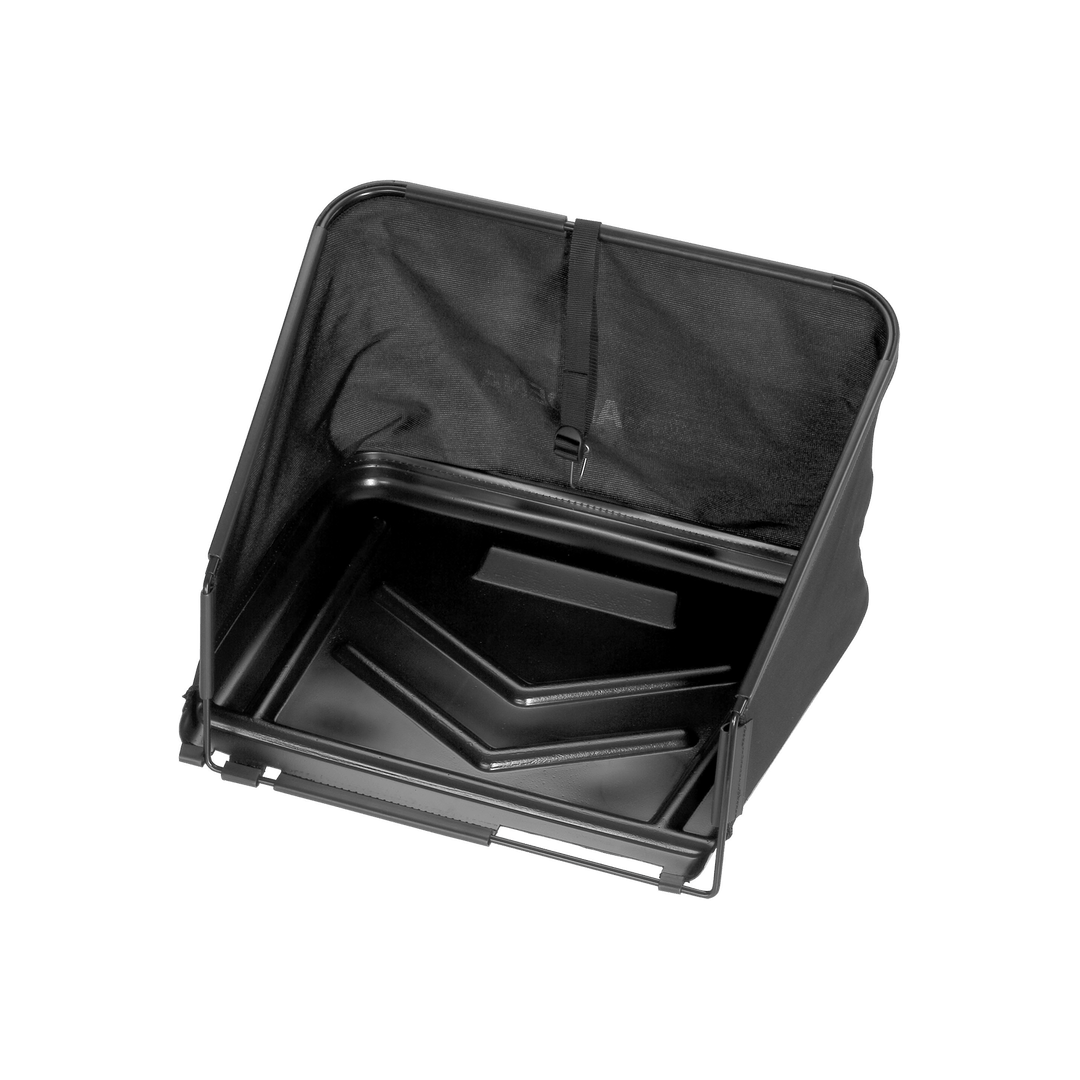 Black grass catcher bag with zipper, open top and rigid inner frame.