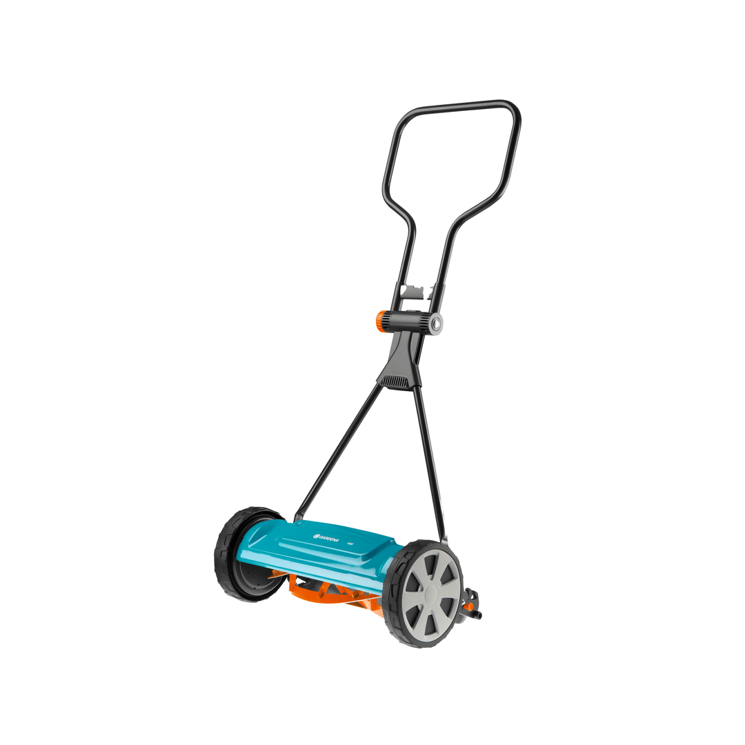Blue and gray cylinder lawnmower with push handle and four wheels.