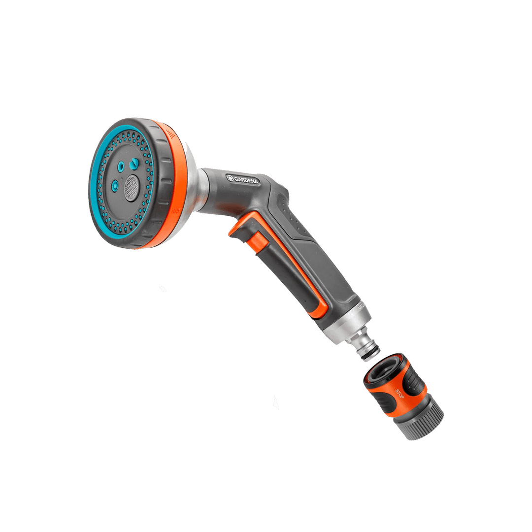 Five-pattern garden hose sprayer with orange and blue shower head