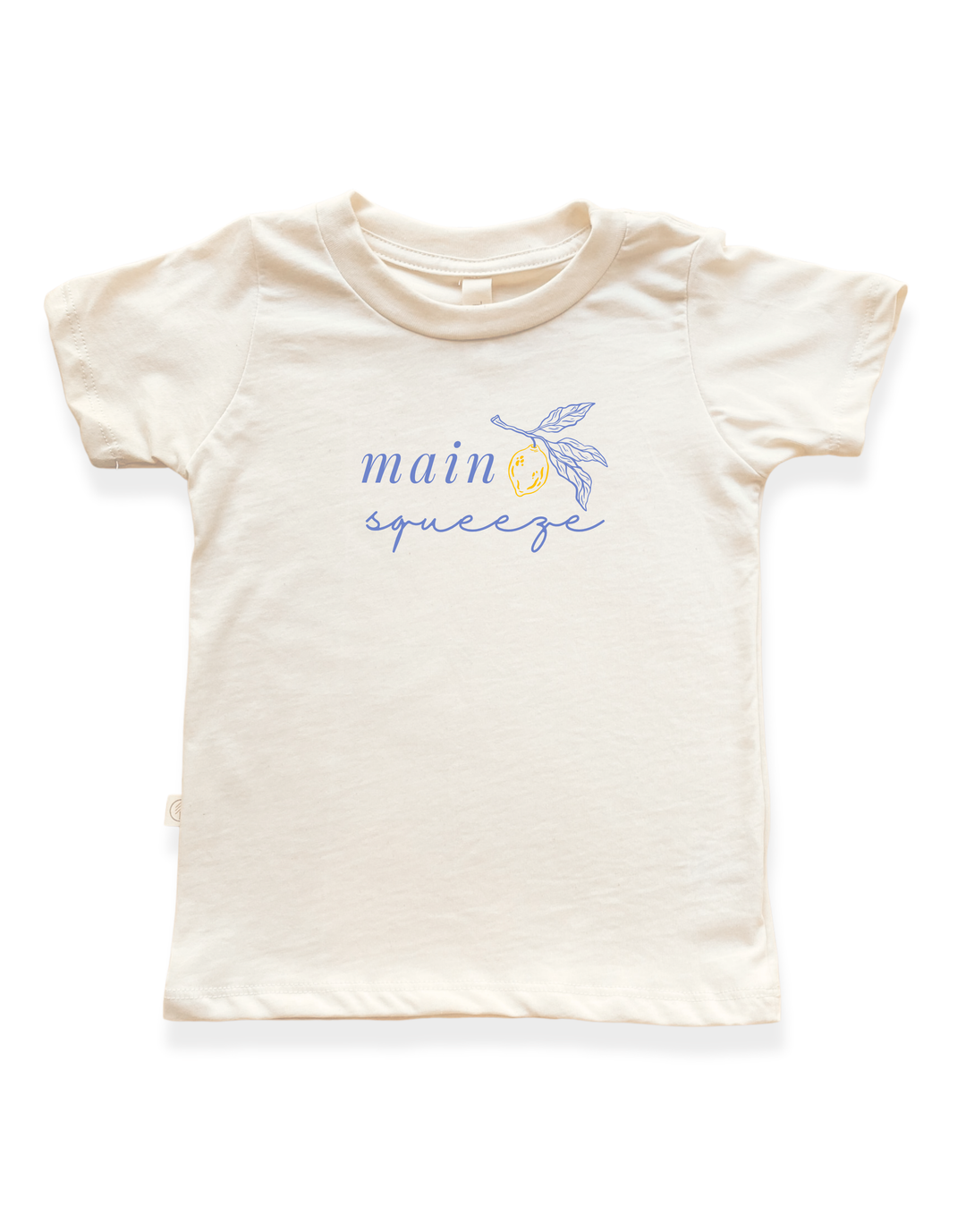 Organic kids t-shirt in cream with blue 'main squeeze' leaf graphic on front.