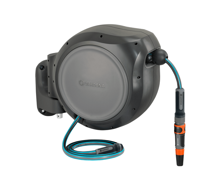 Retractable garden hose reel with gray casing, blue hose, and orange nozzle on wall mount
