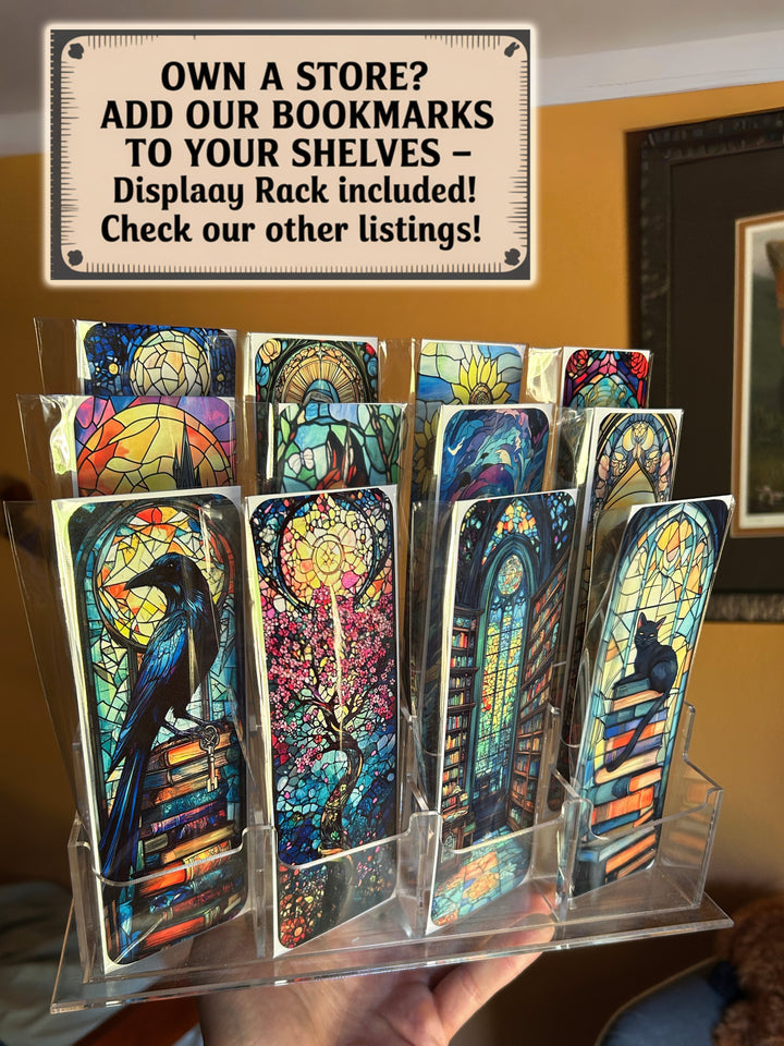Axolotl bookmark display stand with multiple colorful bookmarks, including blue axolotl