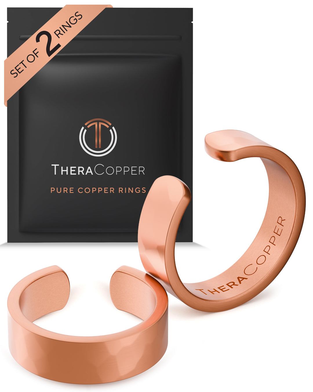 Hammered pure copper cuff-style rings, wide 6mm bands, set of 2