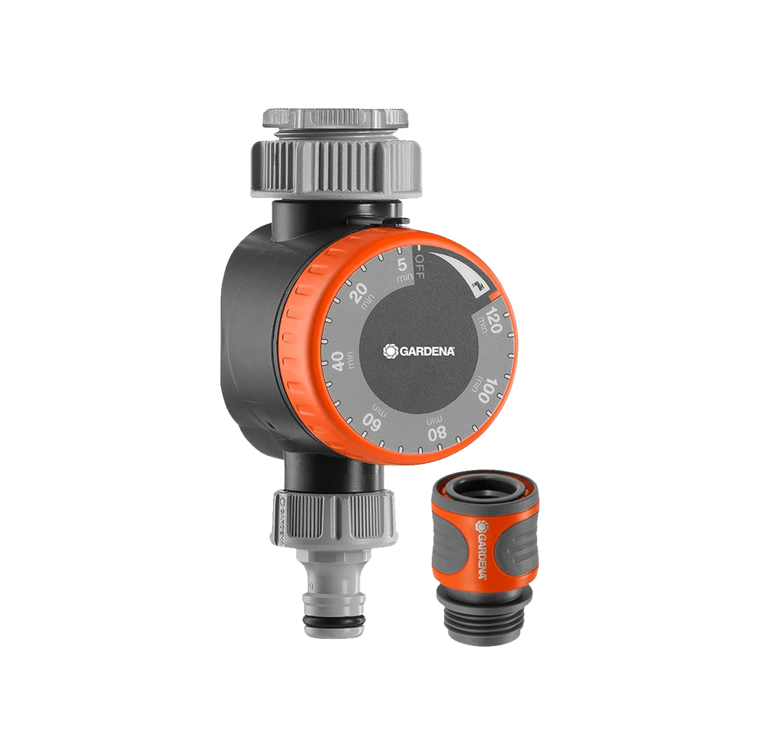 Orange-and-black mechanical water timer with flow-control dial and hose connectors