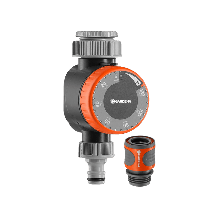 Orange-and-black mechanical water timer with flow-control dial and hose connectors
