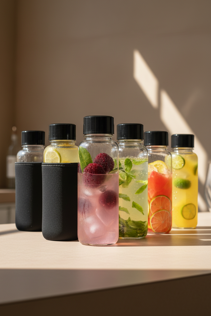purifyou Clear Glass Bottles with Infuser, Neoprene Sleeves, & Lid (32oz Set of 6)