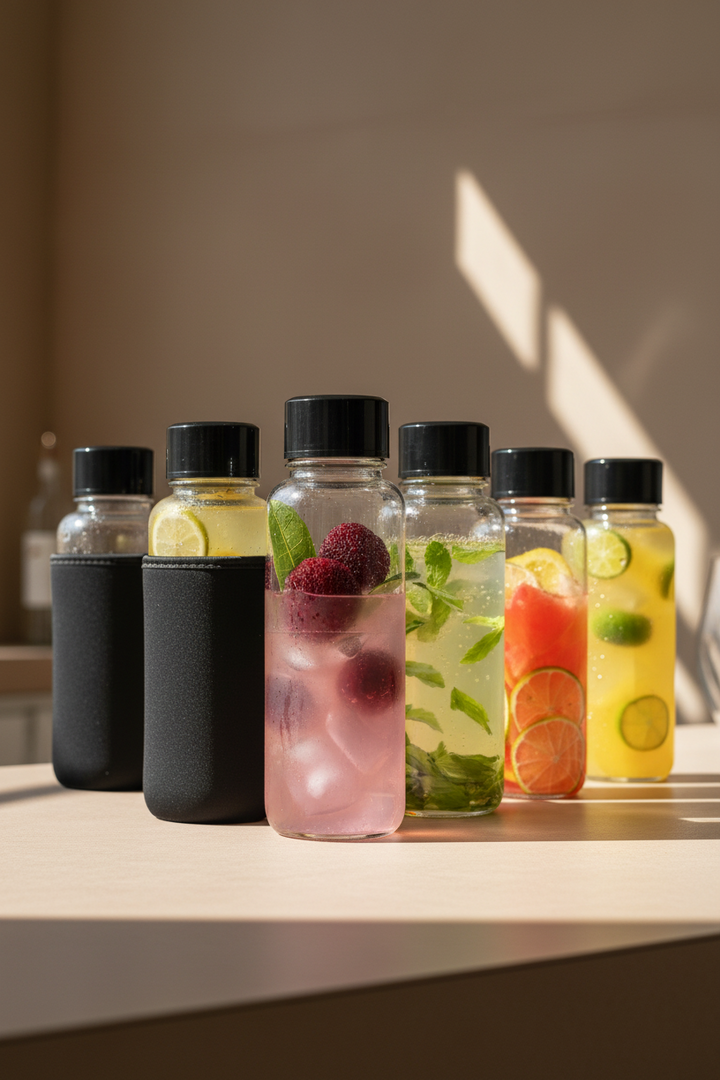 purifyou Clear Glass Bottles with Infuser, Neoprene Sleeves, & Lid (32oz Set of 6)