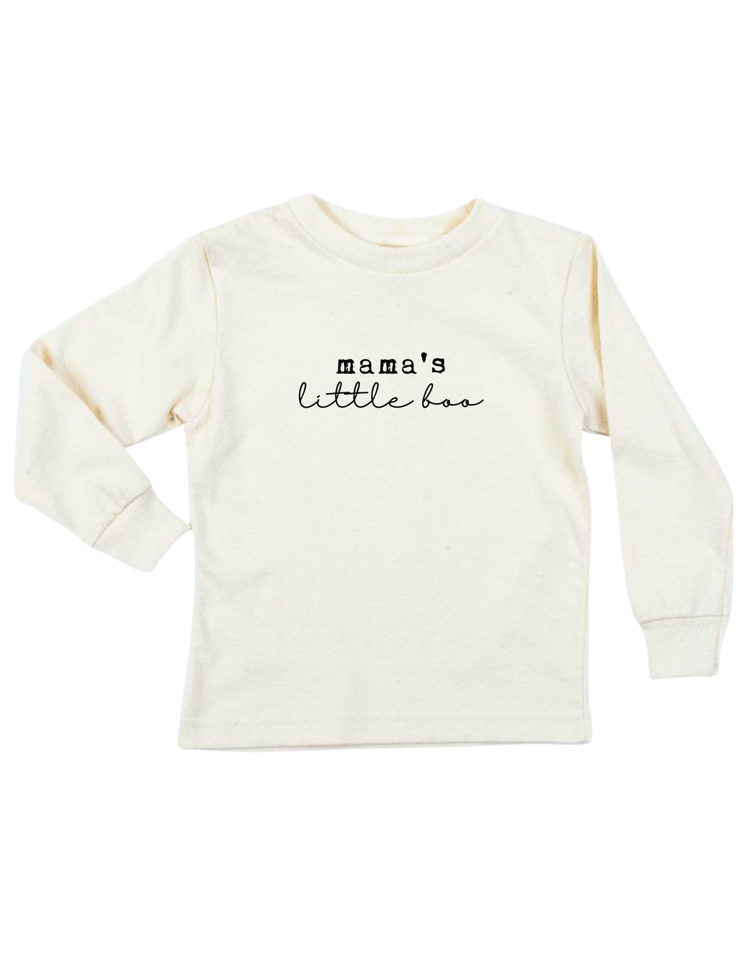 Light cream kids long-sleeve T-shirt with small black text graphic on chest