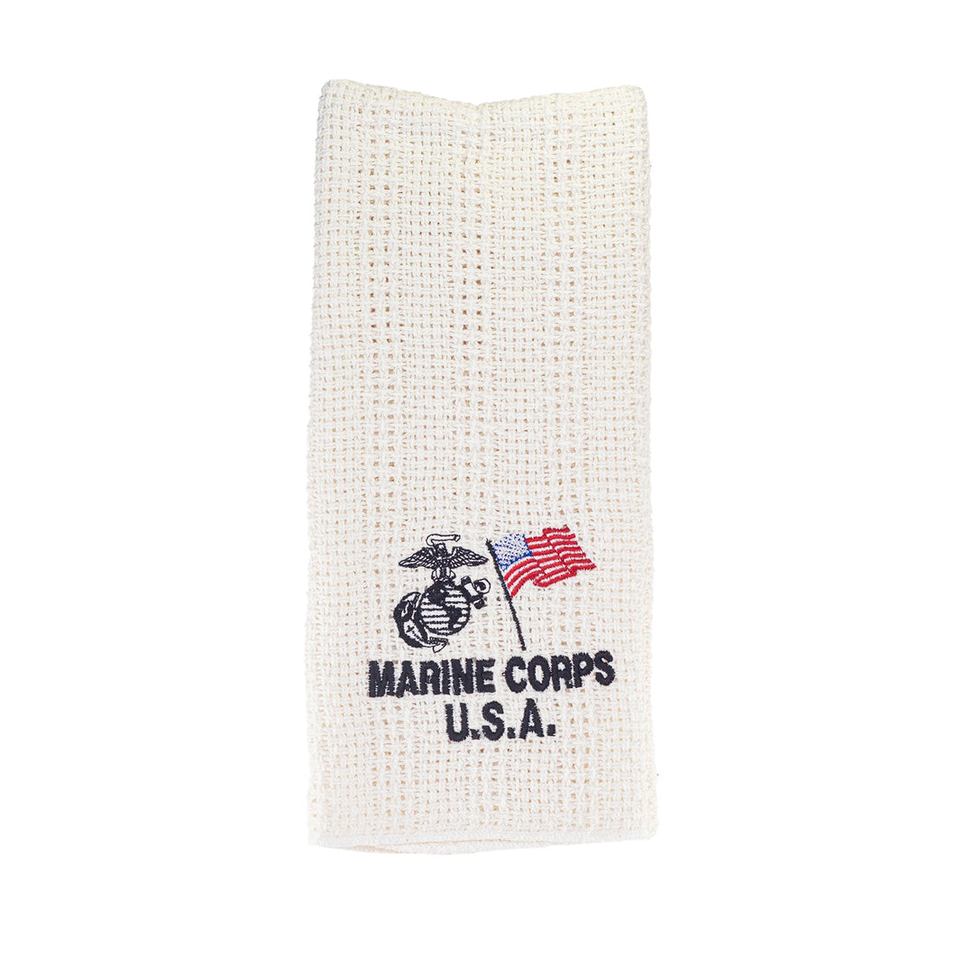 Cream cotton kitchen towel with embroidered Marine Corps emblem and flag
