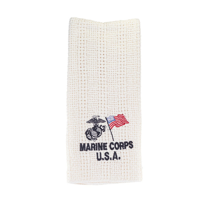 Cream cotton kitchen towel with embroidered Marine Corps emblem and flag