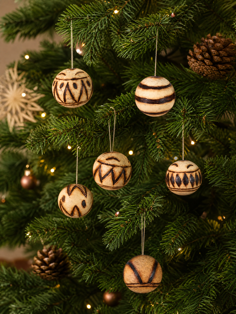 Marula fruit ornaments hanging on a Christmas tree, round carved wooden baubles with dark bands