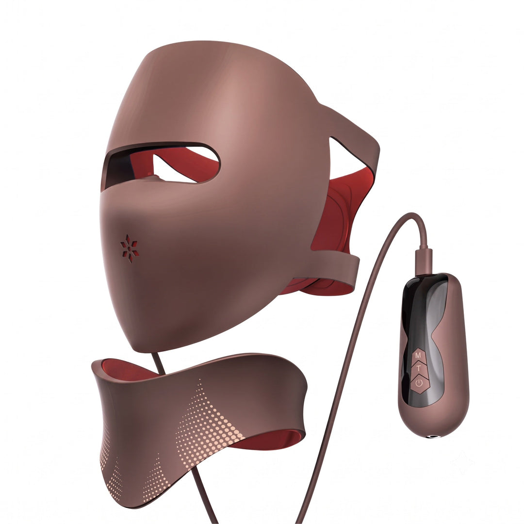 Brown face-and-neck LED therapy mask with handheld controller and cable