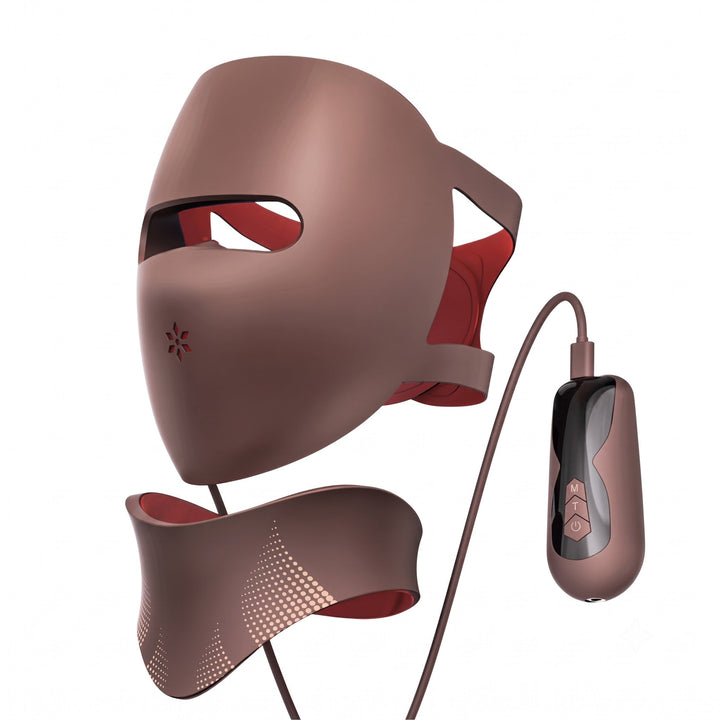 Brown face-and-neck LED therapy mask with handheld controller and cable