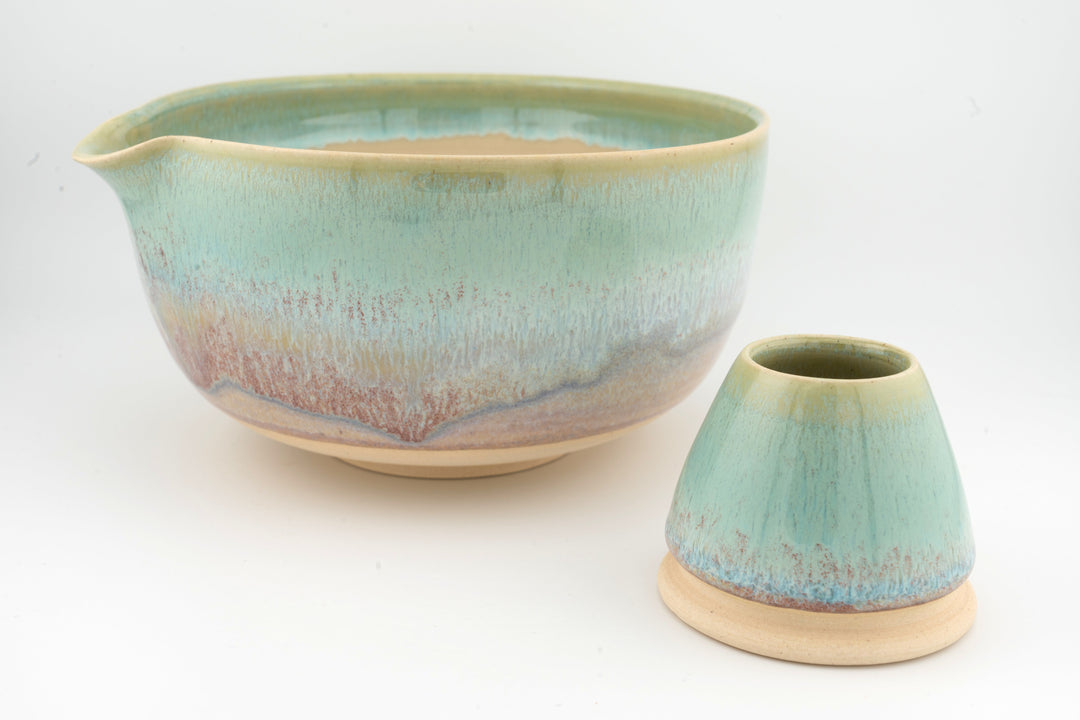Ceramic matcha bowl and matching whisk holder, teal glazed set on base