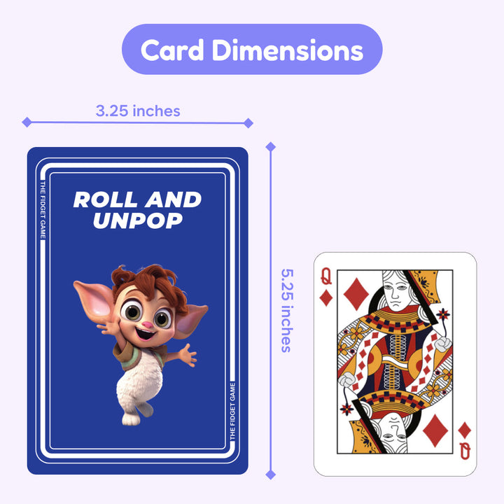 Division game card layout with roll and unpop card and example of a fraction-style card