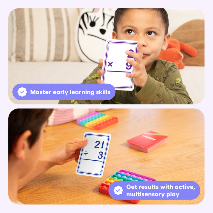 Multiplication flashcards for early learning, child holding a card