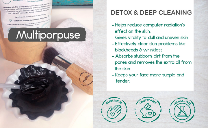 Black charcoal mask paste with brush in a bowl, plus product pouch