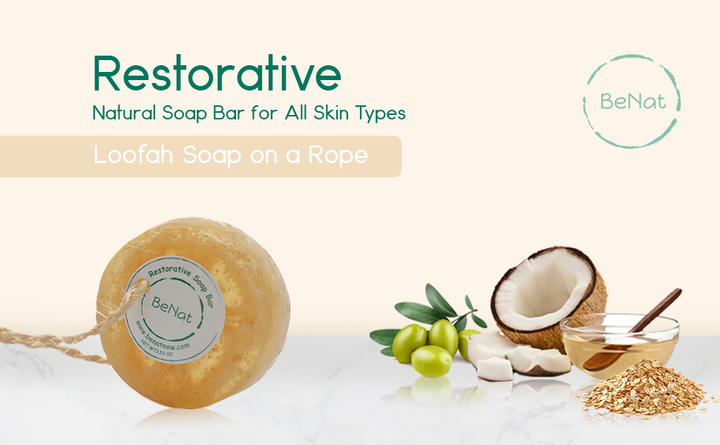 Brown soap bar on a rope with BeNat label, next to ingredient icons