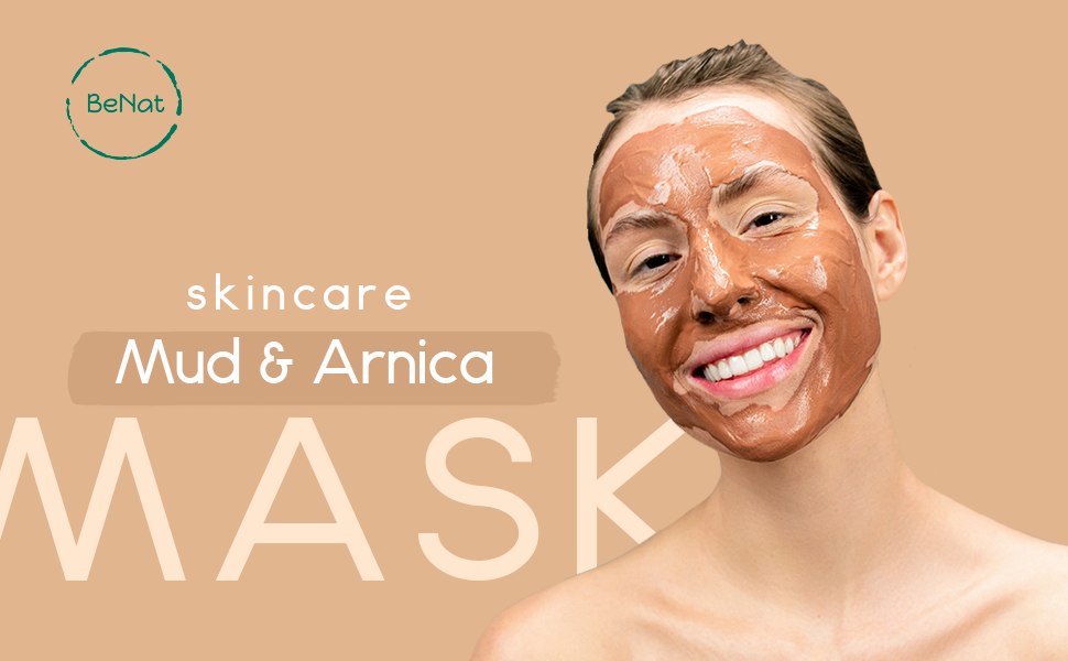 Skincare marketing banner with a person applying mud & arnica mask
