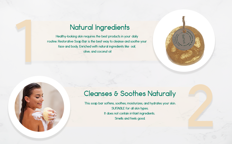 Infographic showing a natural soap bar on a rope and cleansing steps