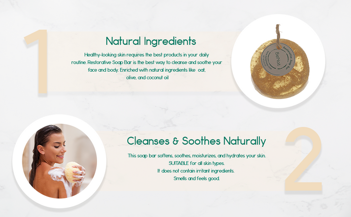 Infographic showing a natural soap bar on a rope and cleansing steps