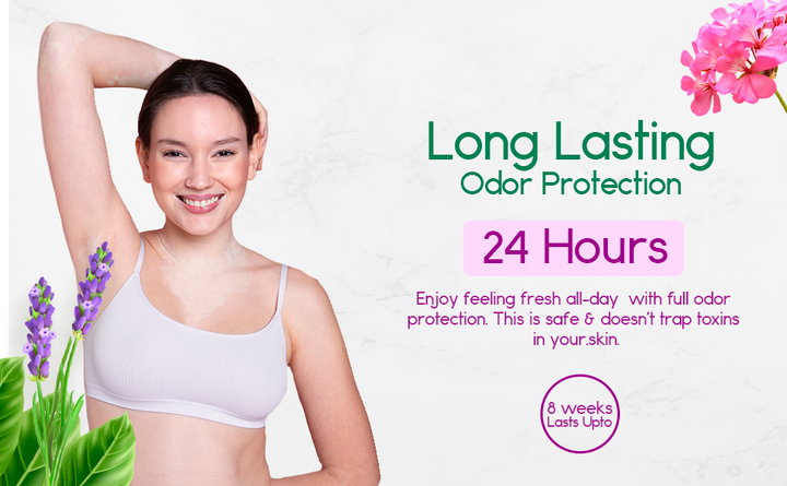 All-natural deodorant protection graphic showing a woman and 24-hour claim