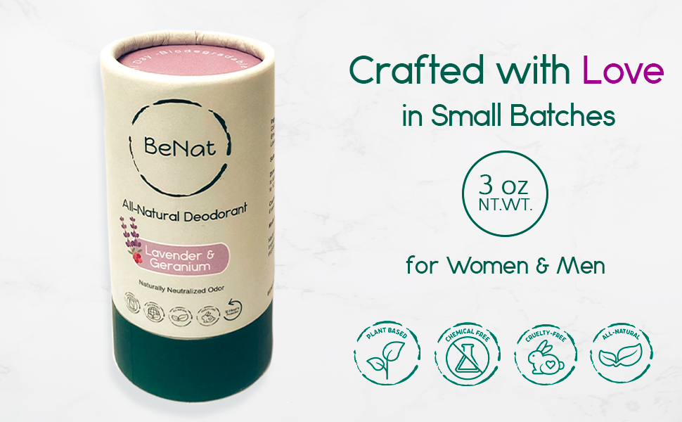 Lavender & geranium all-natural deodorant stick in paper tube on small-batch layout