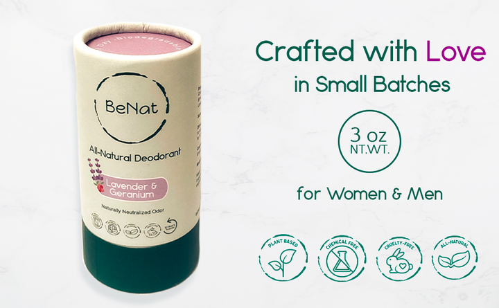 Lavender & geranium all-natural deodorant stick in paper tube on small-batch layout