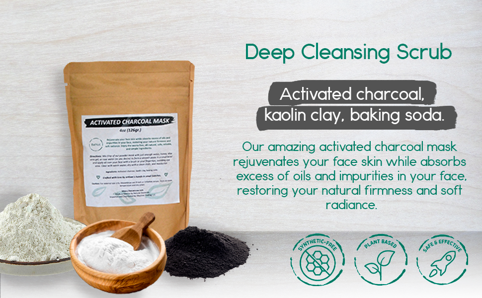Activated charcoal mask pouch with scoop of black charcoal powder