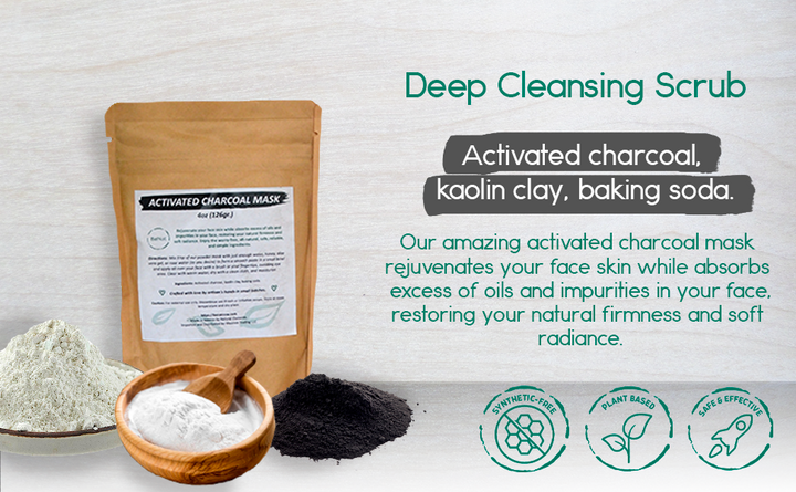 Activated charcoal mask pouch with scoop of black charcoal powder