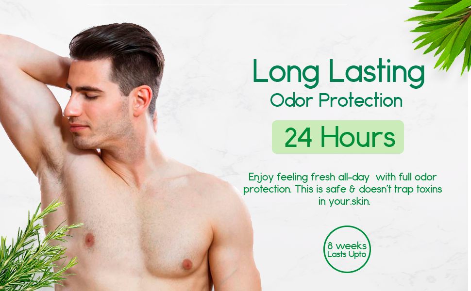 All-natural deodorant long-lasting odor protection graphic with a man
