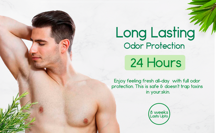 All-natural deodorant long-lasting odor protection graphic with a man