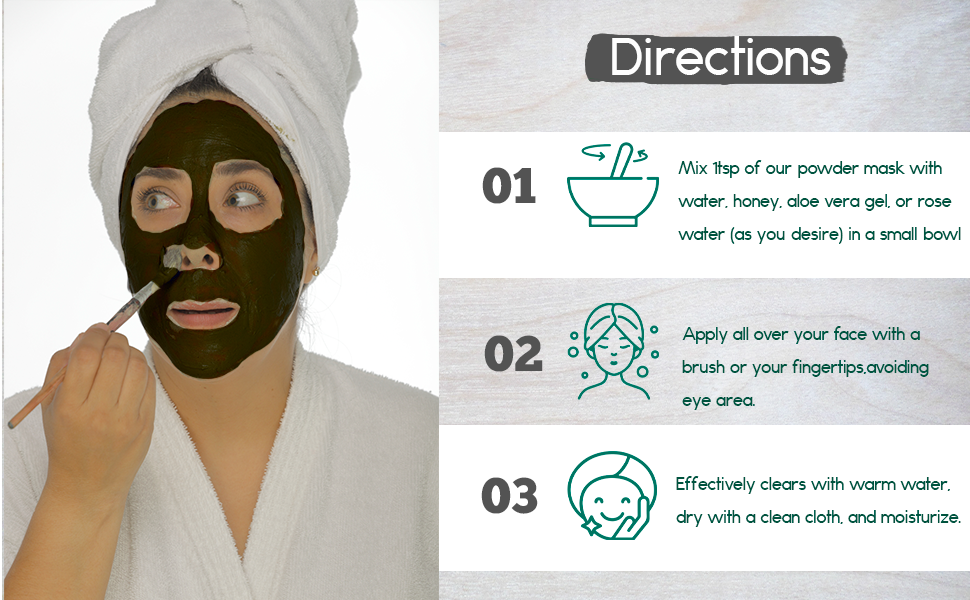 Charcoal face mask on model with white towel head wrap
