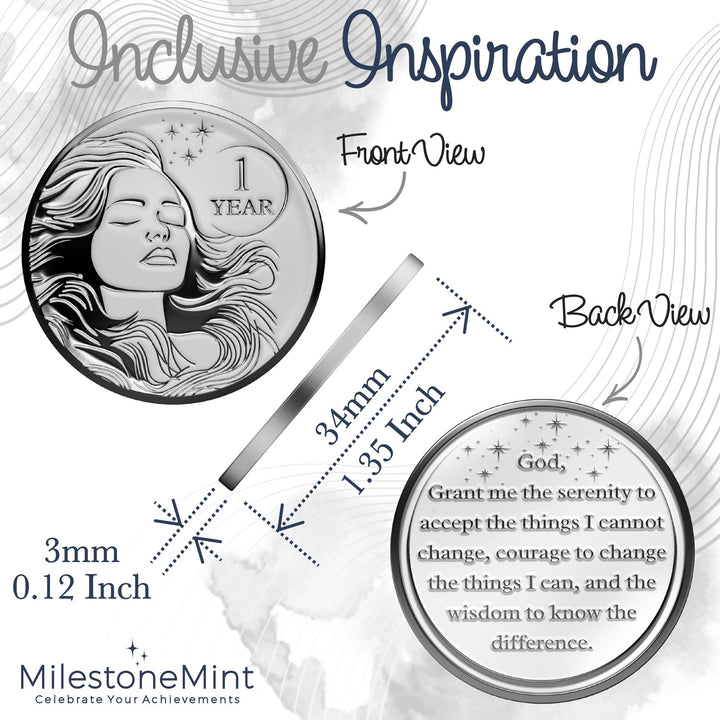 Woman's Serenity Token Sobriety Coin Gift Set 1 Year - Silver