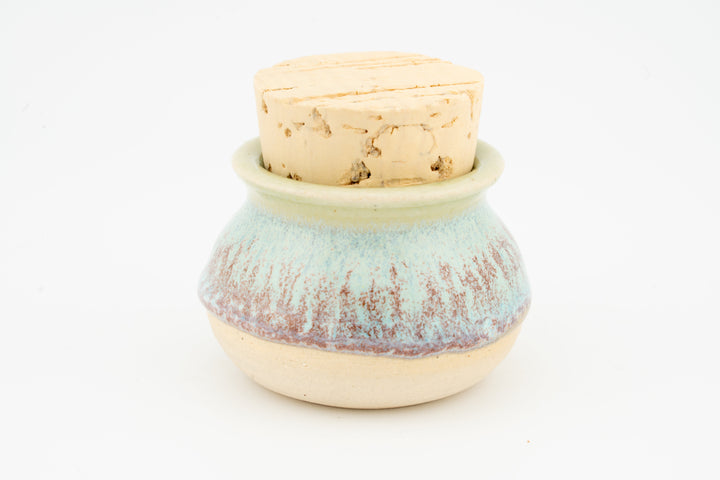Mini corked jar with light blue speckled glaze and cork stopper