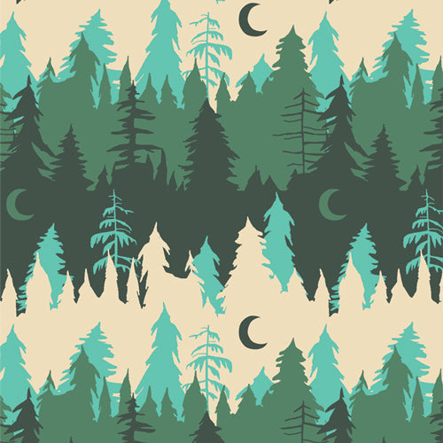 Bowl cover set fabric pattern: pine trees, mountains, and crescent moons in teal