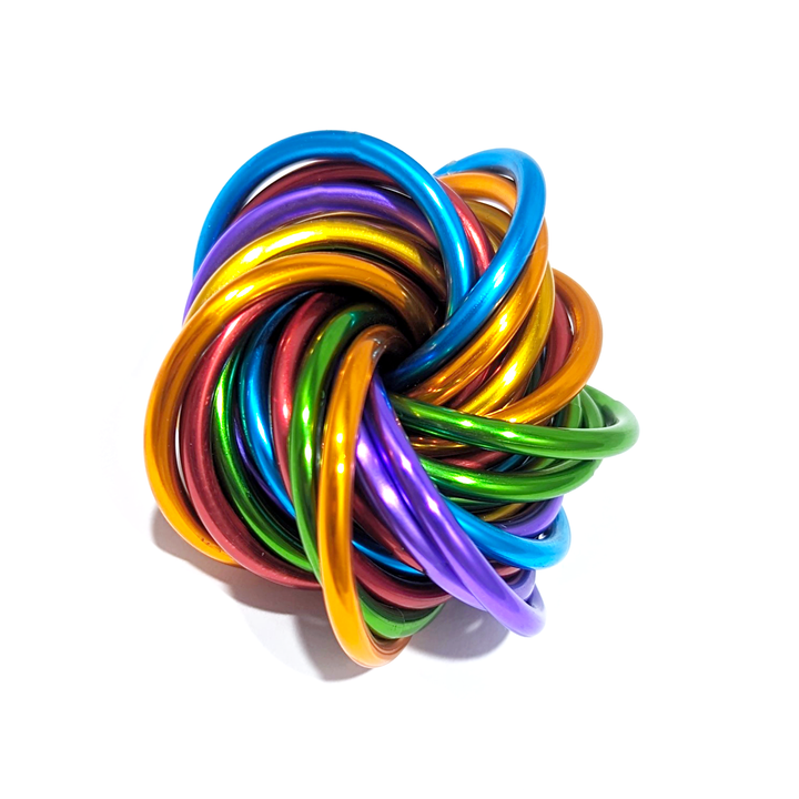 Shiny multicolor fidget stress ball with vivid rainbow metallic coil loops