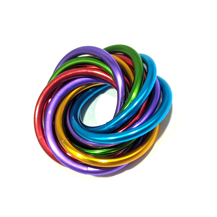 Shiny multicolor fidget stress ball with rainbow metallic loop coil