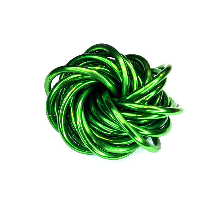 Green metallic stress ball fidget toy with a twisted coil knot