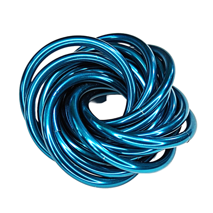 Blue metallic twist fidget stress ball, reflective knotted loop design.