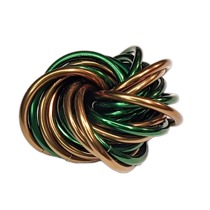 Multicolor metal fidget ball toy with green and gold coils and silver connector prongs